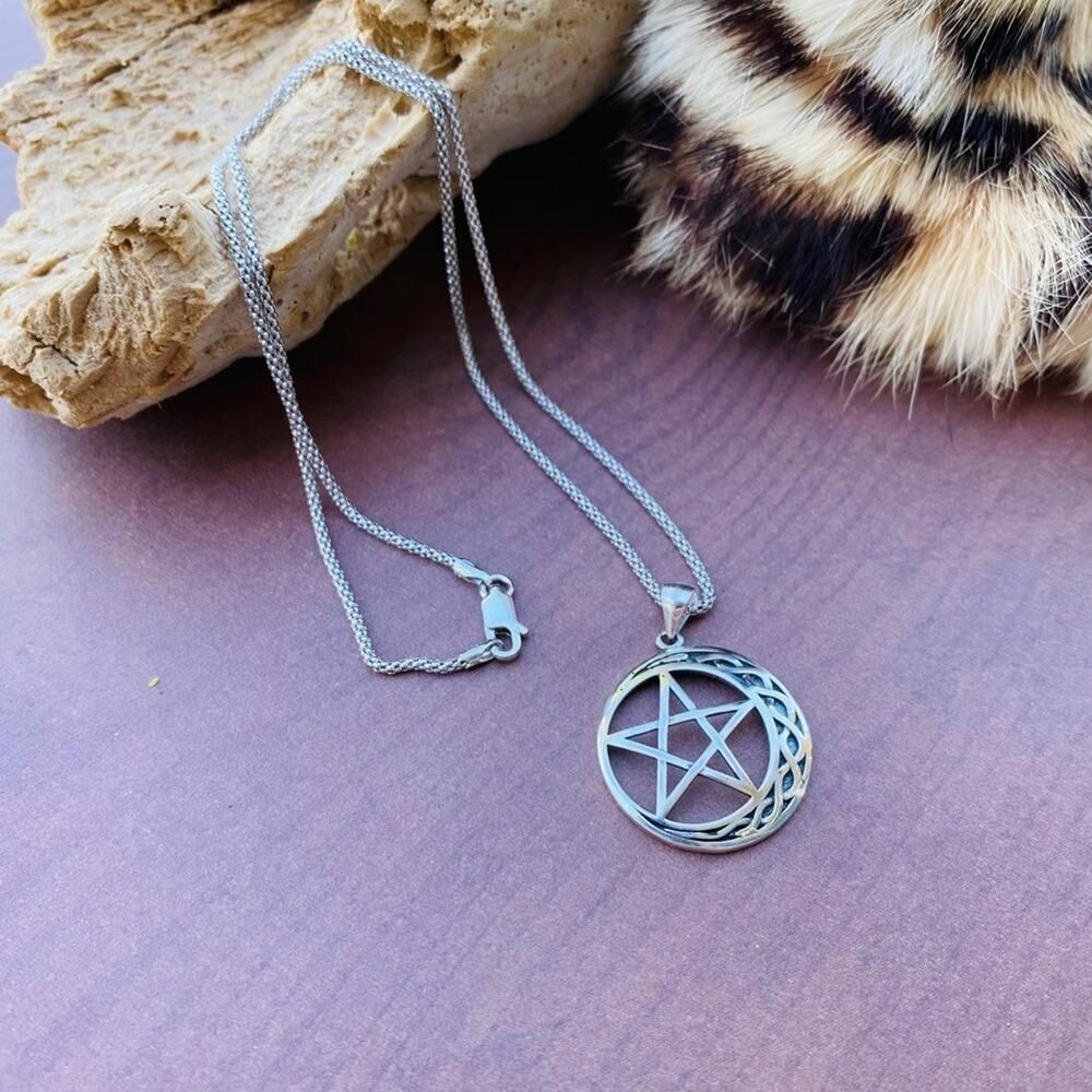 Celtic Crescent Moon And Star Sterling Silver Necklace Popcorn Chain